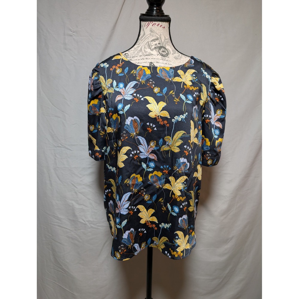 LOFT‎ Women's Navy Multicolor Floral Print Blouse Puff Sleeves Size Large Petite
